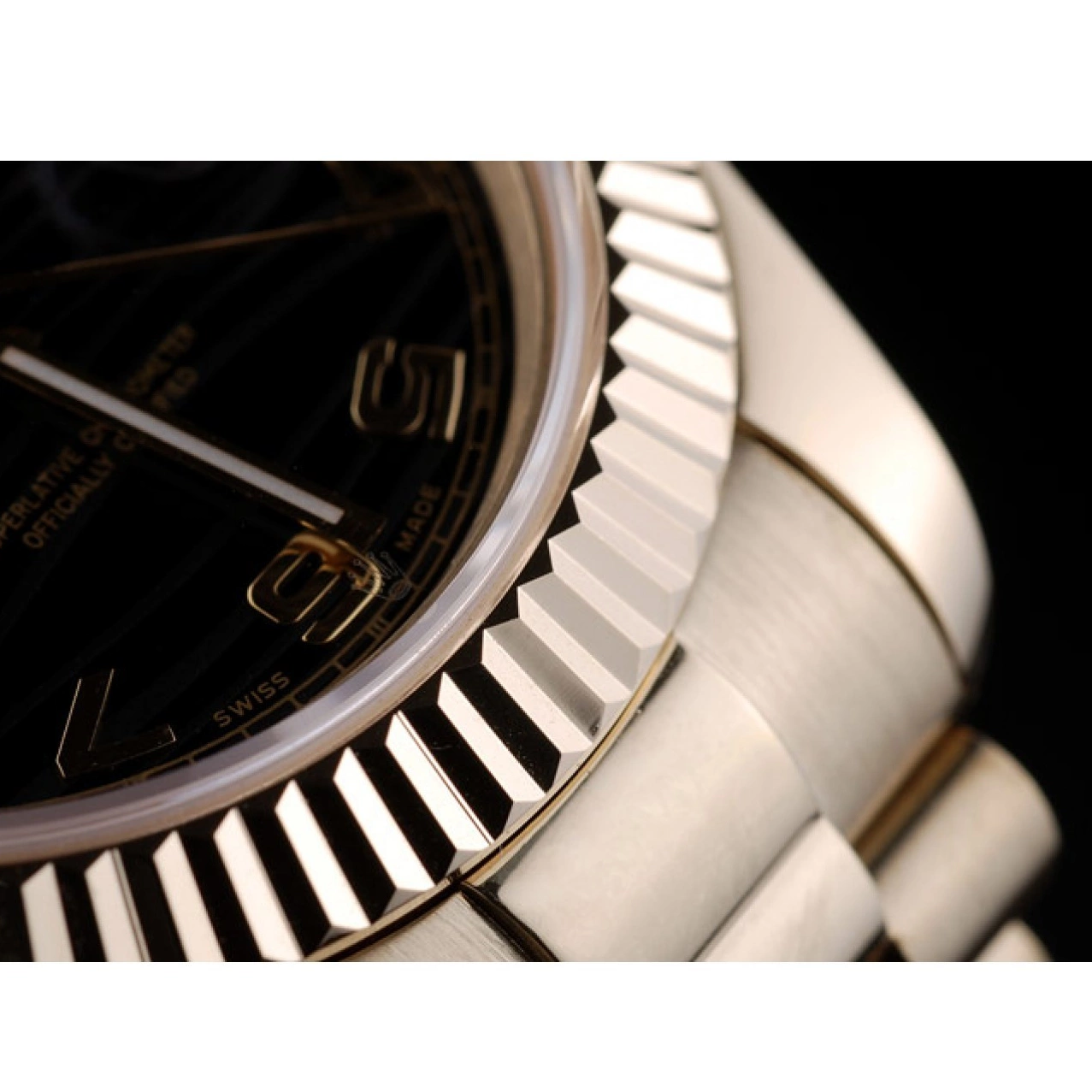Rolex aaa copy Gold Dial DayDate Rolex Black Stainless 41998 Ribbed Steel Bezel Swiss 0709